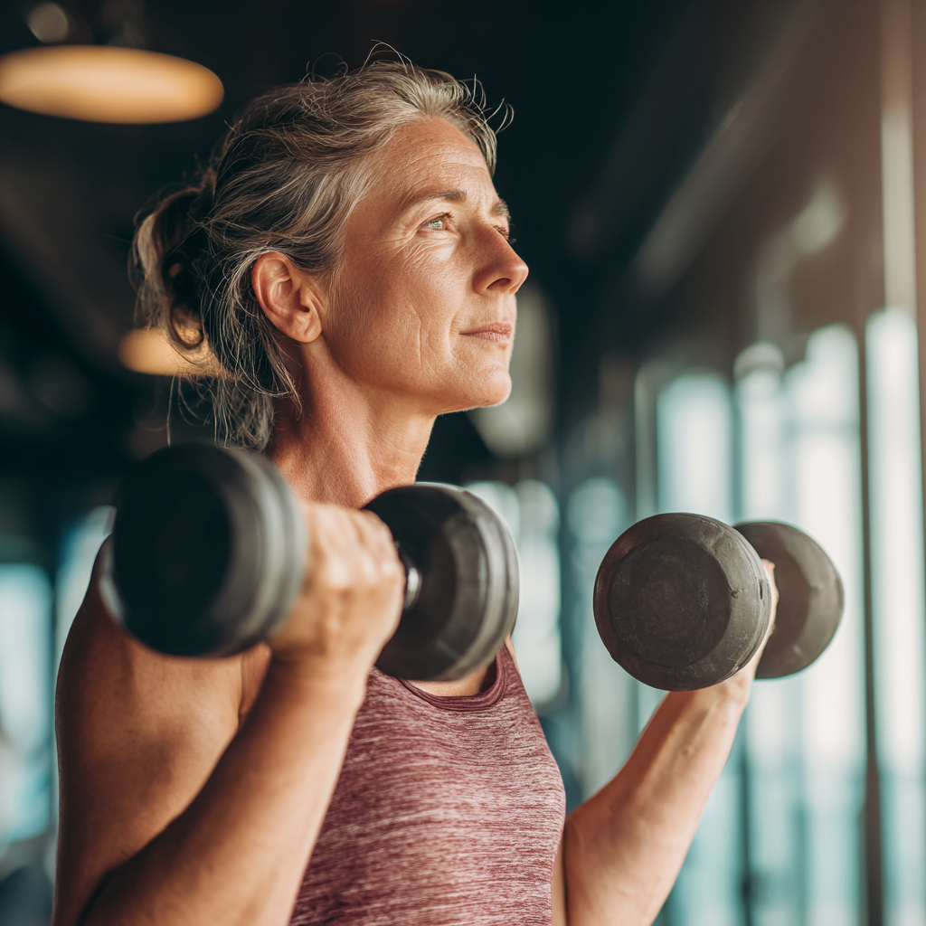 Active middle-aged woman exercising with dumbbells in modern fitness studio