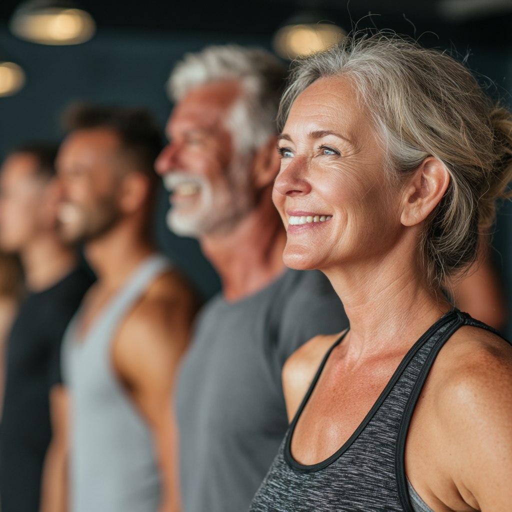Diverse group of middle-aged adults participating in group fitness session at halstrunek wellness center