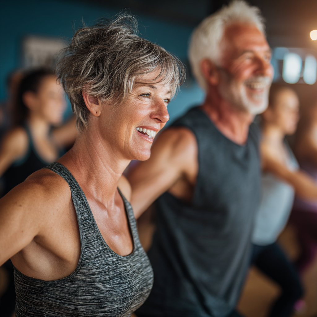 Mature adults enjoying group fitness class with certified instructors at halstrunek