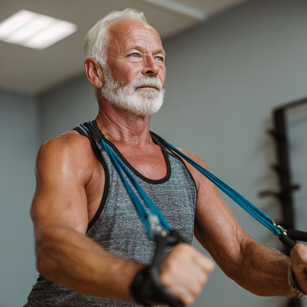 Senior adult performing functional training exercises with resistance bands in halstrunek studio